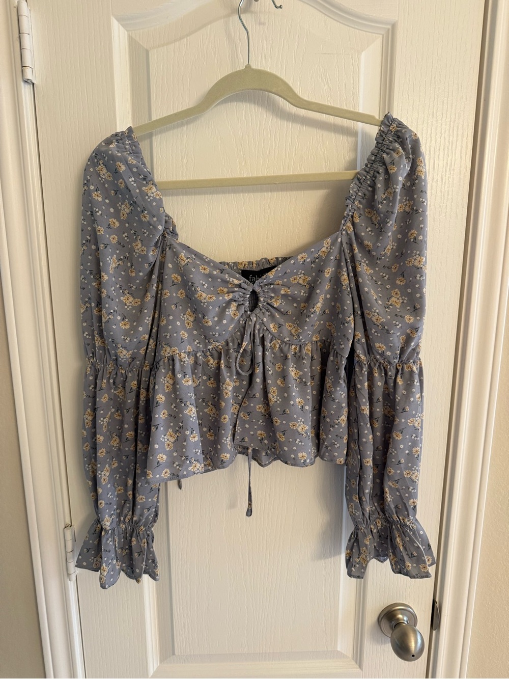 fab’rik Blue Floral Smocked Puff Sleeve Peplum Crop Top Size Large